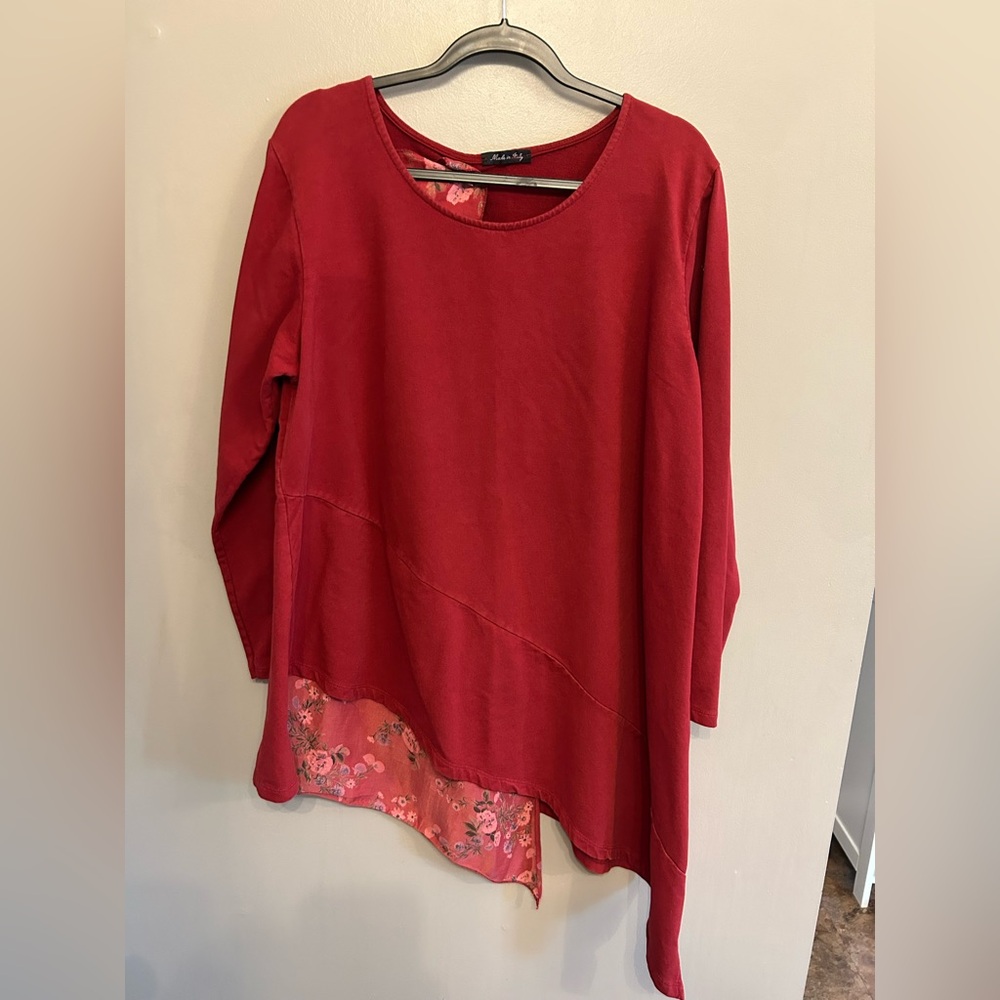 Women’s Made in Italy red asymmetrical tunic top with floral pattern.